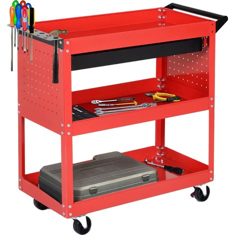 Carro portaherramientas de 3 niveles, construcción de acero, 82 cm x 35 cm x 76 cm, soporta 60 kg, incluye un panel perforado. (1/5)