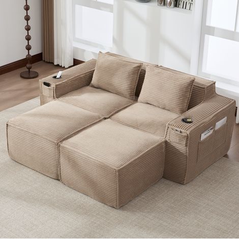 Canapé modulable 2 places, avec 2 poufs, porte-gobelets et poches, en velours côtelé, kaki (1/5)