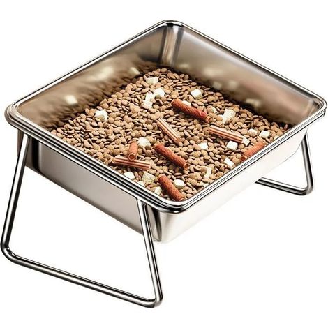 Mangeoire surélevée en inox 410 pour chien chat avec support et couvercle étanche, gamelle rectangulaire de stockage nourriture animaux anti-poussière protection du cou (1/4)