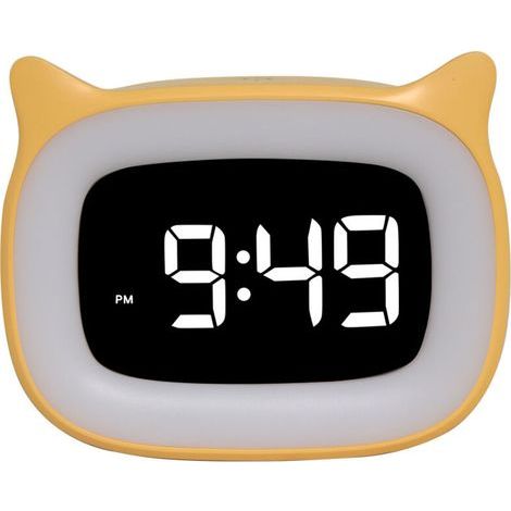 Lntyq Réveil numérique pour enfant - Double réveil avec lumière numérique - Motif chats mignons - Fonction snooze - 18 musiques - 5 modes de luminosité - Veilleuse programmée - Jaune (1/4)
