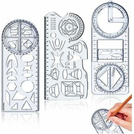 RHG Règle géométrique multifonctionnelle, règle à motifs géométriques, ensemble de 3 règles de dessin multifonctionnelles