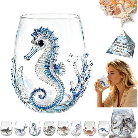 Verrerie artisanale pieuvre à anneaux bleus verre à vin 3D sans pied pieuvre verre de bar original hippocampe (1/5)
