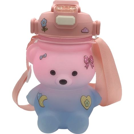 Gourde ours mignon, rose, dégradé givré, avec paille et dragonne, 1000 ml, pour garçons et filles. (1/5)