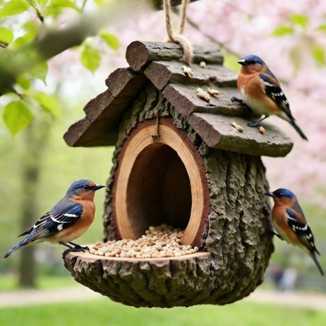 Mangeoire à oiseaux suspendue en forme de souche d'arbre, mangeoire à oiseaux en résine, mangeoire de jardin de balcon de cour (1/5)