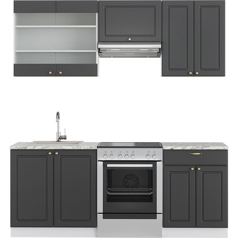 Cucina componibile Fame-Line, Antracite-Oro/Bianco, 200 cm , PL Marmo, Vicco