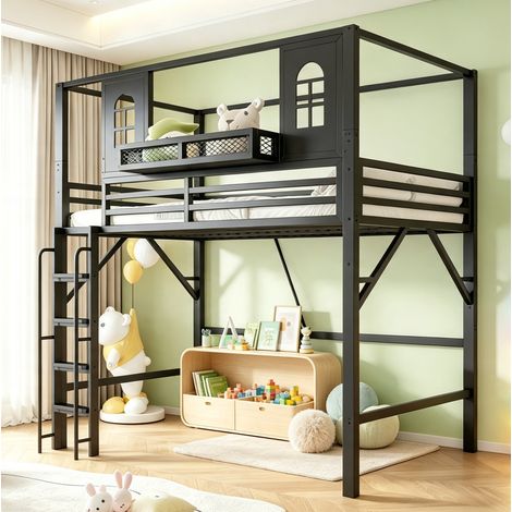 Letto a soppalco per bambini 90x200 cm in metallo e MDF nero con mensola – MEUBLIV (1/5)