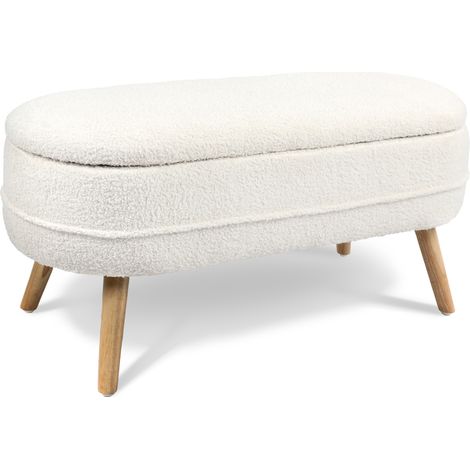 HISPANOHOGAR, Banqueta con almacenamiento en borreguillo blanco con patas en madera natural, 48x101x41