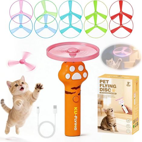 Lanceur de jouets pour chats, lanceur de disques volants rechargeable avec 10 disques, jouet interactif pour chats, chatons et chiens, jeu de chasse et de pistage en intérieur et en extérieur, orange (1/5)