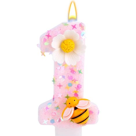 Rose Bougie pour 1er Anniversaire, Bougie Chiffre Brillante avec Blanc Fleur Jolie Décoration de Gâteau pour Un Anniversaire de Femme Ou Fille (1/5)