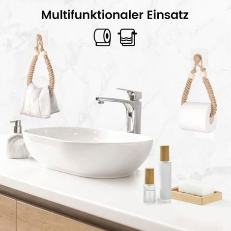 Porte-Papier Toilette Sans Perçage - Corde De Jute Et Bois - Pour Salle De Bain Ou Toilettes - Lot De 2 (1/4)