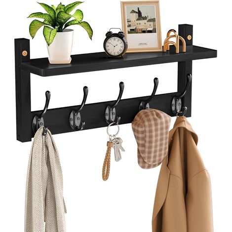 Porte-Manteaux Mural avec Étagère, Étagère Murale en Bambou avec Crochets, Porte-Manteaux pour Entrée, Salle de Bain, Salon, Chambre à Coucher, Noir (1/5)