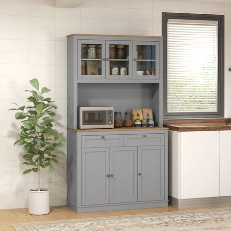 Meuble de cuisine avec 3 portes vitrées, compartiment ouvert, 2 tiroirs et étagères réglables, 100 x 40 x 180 cm, gris (1/5)