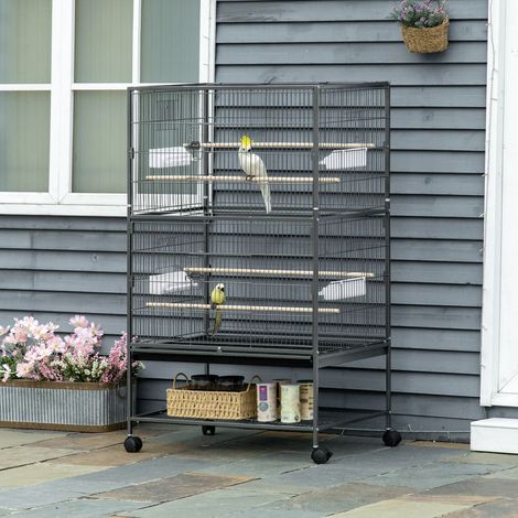 Cage à oiseaux d'intérieur en bois avec plateau, 4 roues et perchoir, 78 x 52 x 132 cm (1/5)