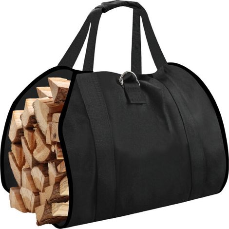 Borsa per legna resistente e impermeabile con manici, grande sacco per legna da camino, accessori per stufe da interno, nera (1/4)