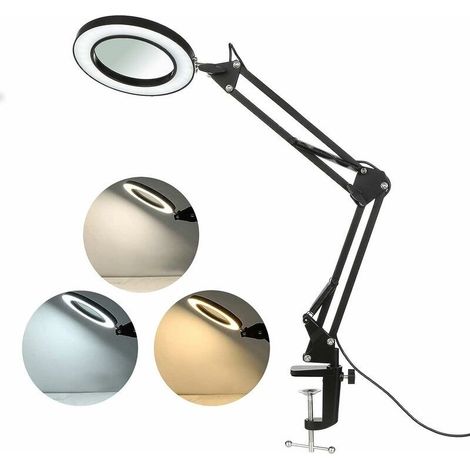 Lampe Loupe À Led Avec Pince, Loupe Avec Lumière De 8 Dioptries Lampe De Loupe Éclairées 3 Couleurs Bras Pivotant, Dimmable Lumière Pour La Lecture Pour Table Ou Atelier(8X) (1/5)