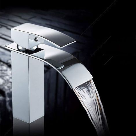 Robinet de lavabo coudé , robinet mitigeur d'eau chaude et froide à poignée unique , robinet de lavabo à cascade carré à large ouverture , robinet de lavabo de salle de bain en laiton (1/3)