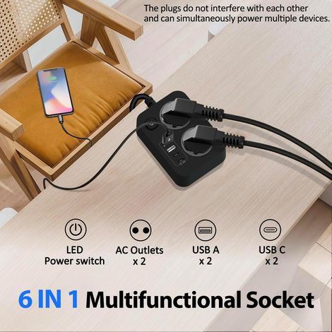 Multiprise avec deux prises, port USB, rallonge plate murale, interrupteur, multiprise portable, protection contre les surtensions et câble de 1,8 mètre, convient pour la maison, le bureau et les voya (1/4)