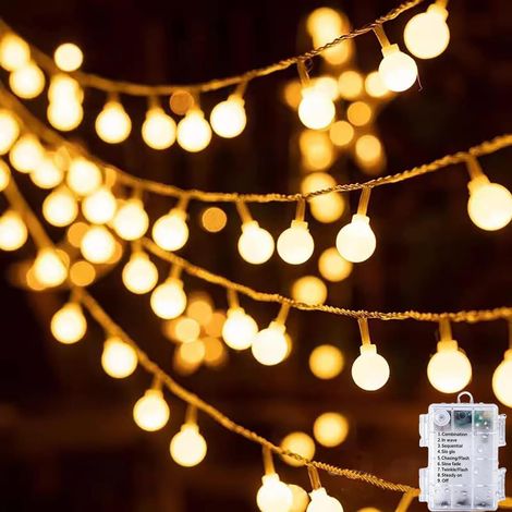 Guirlande lumineuse globe 80 LED 10 m blanc chaud - Alimentation par piles, étanche, décoration chambre, Noël, mariage, fête jardin