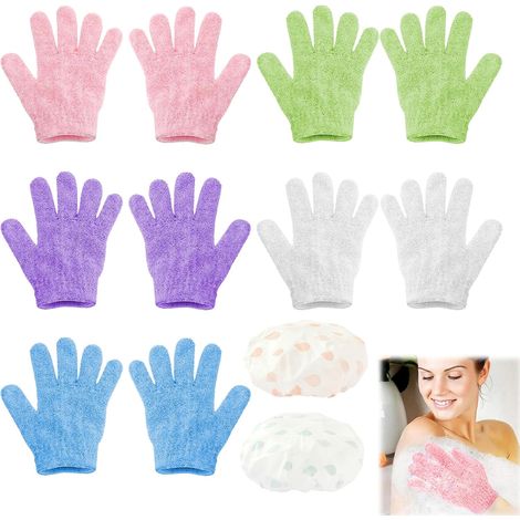 10 gants exfoliants corps et 2 bonnets de douche, gants gommage doux visage, pour hommes, femmes et enfants, bain à cinq doigts. (1/5)