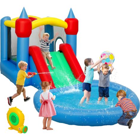 Château gonflable 4 en 1 toboggan panier basket piscine balles souffleur 415x205x190 cm parc jeux enfants extérieur multicolore