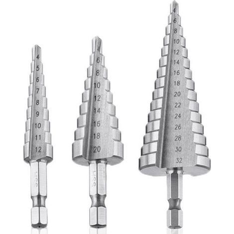 Foret Etagé, Foret Fraise Metal HSS 3PCS SKU00468 Meche Etage Perceuse Acier Fraise Forage Conique Triangle (1/4)