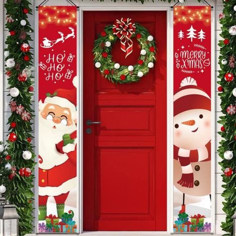 Bannière De Noël - Père Noël Bonhomme De Neige - Décoration Porte Extérieur Intérieur - Rouge - 2 Pièces (1/4)