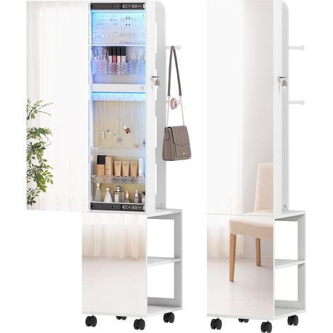 Miroir à bijoux avec éclairage LED, armoire à bijoux pivotante à 360°, serrure et clés, surface blanche et intérieur beige