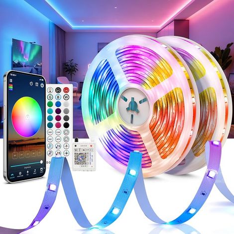 Ruban LED 20m 24V RGB, Ruban LED Chambre avec Télécommande & App Bluetooth, LED Gaming, Bande LED Intérieur pour Plafond, Mur et Lit, Bandeau LED, Lumière LED 5050 (2×10m) (1/5)