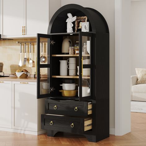 Meuble haut avec étagères et tiroirs réglables, armoire de cuisine avec vitre transparente et grand espace de rangement, idéal pour la salle à manger, le salon et la cuisine (noir) (1/4)