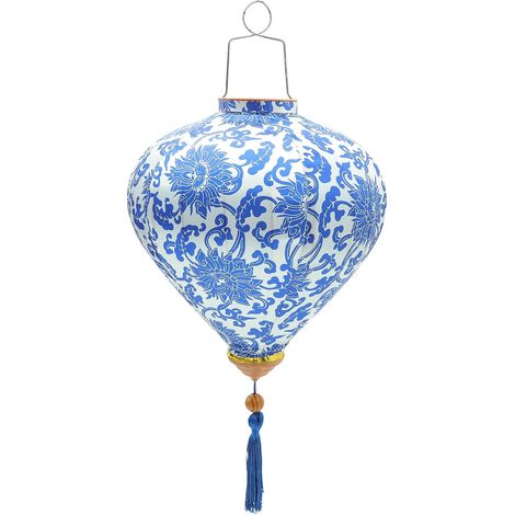 Grosse Lanterne Chinoise en Soie Bleue et Blanche, 1 Pièce (1/5)