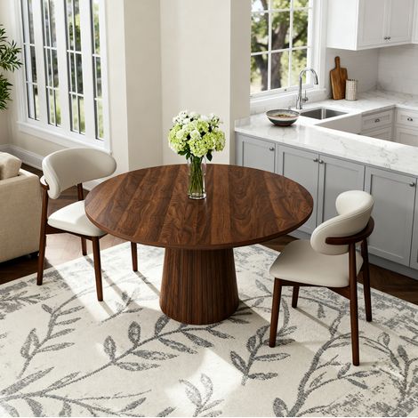 Mesa de comedor redonda de MDF efecto nogal de 110 cm con 2 sillas - CHICFURN (1/5)