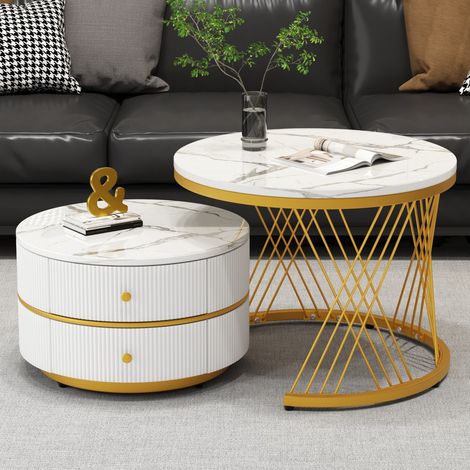 Tables basses nid élégantes blanches-2 tiroirs-Finition effet marbre brillant-60x60x46 cm & 50x50x31 cm-Charge max 30 kg (1/5)