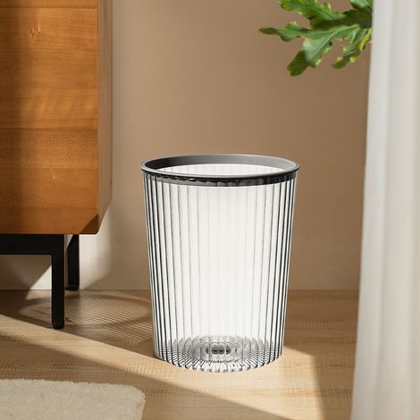 Poubelle transparente et minimaliste de grande taille pour la maison, le salon, la chambre, les toilettes, la salle de bain, à ouverture supérieure, grise, avec anneau de pression. (1/5)