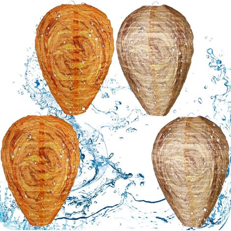 set of 4 simulated hanging wasp nests, made of waterproof material, suitable for wasps, gardens, and outdoor patios (orange + brown).