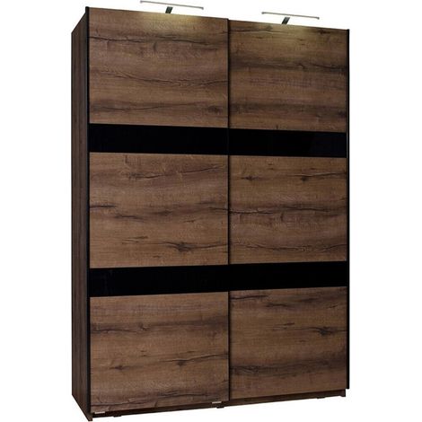 Armario Fivelbo 109, Roble del Monastery + Negro brillante, 215x150x69cm, Puertas de armario: Correderas, Número de estantes: 5, LED (1/3)