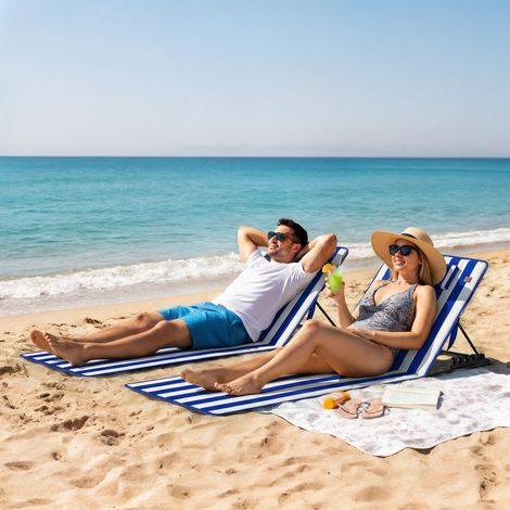 Ensemble de 2 matelas de plage avec dossier réglable sur 4 niveaux, en acier et polyester, 154x57x52 cm, bleu et blanc (1/5)