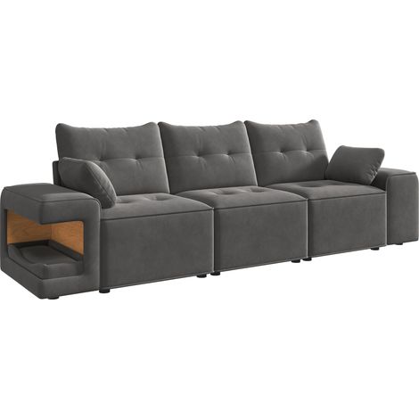 Sofá modular de 3 plazas en terciopelo gris con amplios reposabrazos y almacenamiento integrado (1/5)