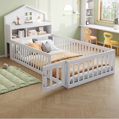 Cama infantil 90/200 cm blanca de madera maciza con estructura de casita y almacenaje (1/5)