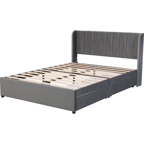 Letto imbottito grigio 140 x 200 cm in velluto con rete a doghe, testiera e 2 cassetti (1/5)