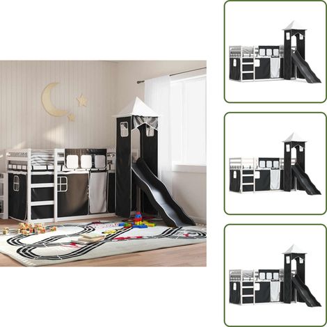 The Living Store Etagenbett mit Rutsche und Gardinen Weiß und Schwarz 90x200 cm - Hochbett für Kinder (1/5)