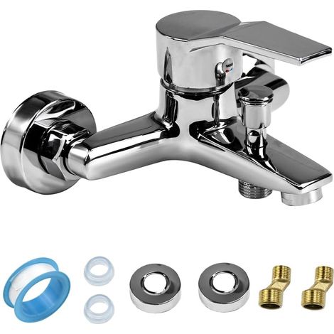 Mitigeur de Douche, Robinet Chaud et Froid, Universel, Filetage G1/2, Baignoire, Monocommande, Mural, Salle de Bain, Cuisine, Argent (1/5)