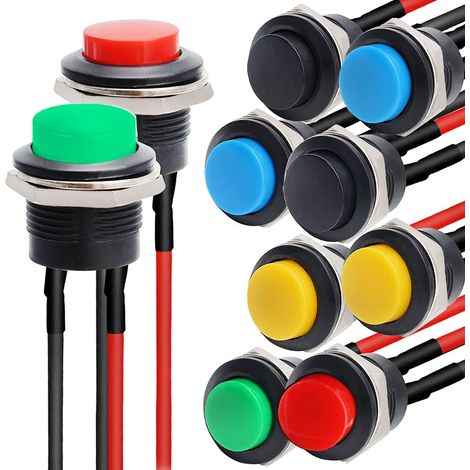 Lot de 10 mini boutons momentanés ronds 3 V-6 V-12 V-24 V, 16 mm, pré-câblés, mini bouton pression momentané, 2 broches, pour klaxon, voiture, tableau de bord, bateau, Arduino, DIY