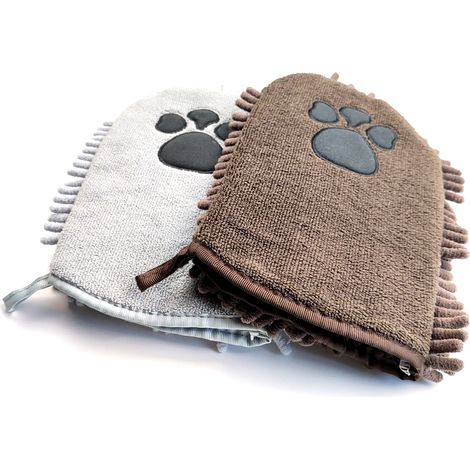 Microfibre - Animaux - Moufles - Lot de 2 - Grises - Nettoyage et séchage des pattes - Chiens et chats - Standard (1/3)