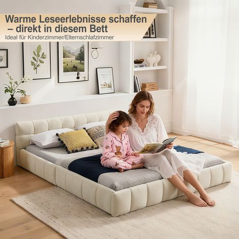 Cadre de lit double 160x200 cm en bois d'eucalyptus écologique et fer résistant, revêtement en chenille douce et soyeuse, capitonnage carré, montage simple, couleur beige (matelas non inclus) (1/4)