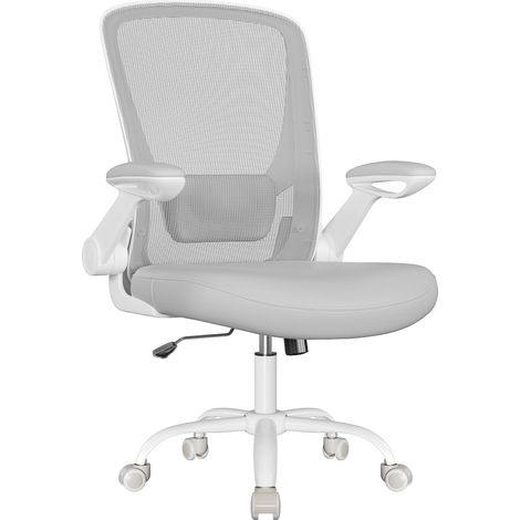 Chaise Bureau Ergonomique, Tissu en Maille, Support Lombaire, Mécanisme à Bascule, Assise Large de 53 cm, Accoudoirs Rabattables, pour Bureau, Chambre, Gris Tourterelle (1/5)