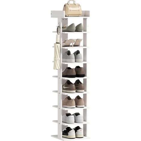 Étagère chaussure à 9 niveaux, range-chaussure jusqu'à 9 paires avec plateau supérieur, 2 crochets, 30x30x128,4cm, blanc