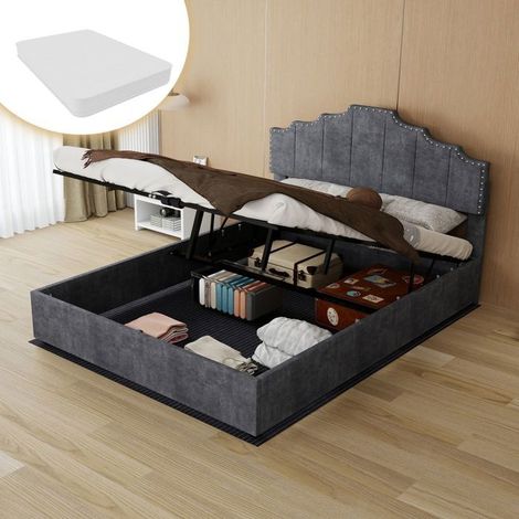 Lit Coffre 140 x 200 cm tête de lit confortable et douce coffre haut à vérin pneumatique matelas inclus revêtement gris (1/5)
