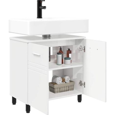 Meuble de Salle de Bain avec Lavabo Intégré, 60x35x60 cm, Blanc Brillant, Armoire de Toilette Moderne avec Rangement, Design Suspendu ou à Poser, Idéal pour Petite Salle d'Eau (1/5)