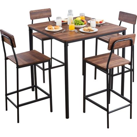 5 Pièces 90x90cm Ensemble Table de Bar Haute et 4 Tabourets Mange Debout pour Repas et Petit-Déjeuner 4 Personnes (1/5)