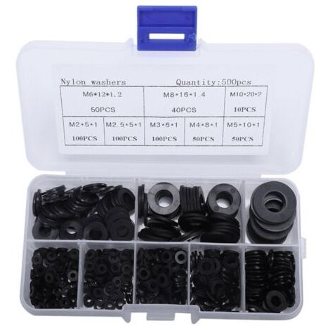 Lot de 500 rondelles plates noires en nylon – Assortiment de tailles m2 à m10 – Résistantes à la rouille et à la corrosion – Pour fixation et isolation - 500pcs (1/5)